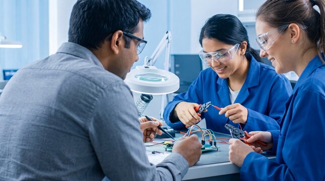electronics teacher students laboratory stem technology engineering circuit training education guides two women assembling wired components with tools and safety glasses in a practical career workshop