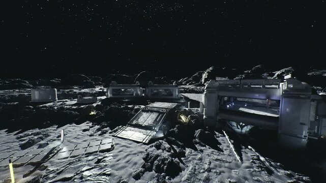 lunar construction site at night with scaffolded modules and heavy rigs drilling foundation, truss frames assembling, ground anchors set and survey beacons