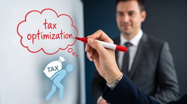 Tax optimization concept written on whiteboard, businessman planning financial strategy, corporate accounting and wealth management services