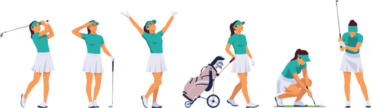 Professional Female Golfer Character Vector Set Featuring Various Poses Swinging Celebrating Walking with Bag Cart and Putting for Sports Designs
