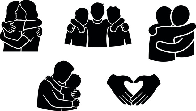 Human Relationship and Friendship Care Icon Set Featuring People Hugging Friends Embracing Family Support Comforting Actions and Heart Shape Hand Gestures