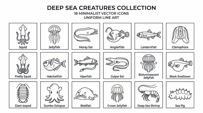 Collection of eighteen minimalist deep sea creatures icons in uniform line art style featuring squid, jellyfish, anglerfish, and various mysterious marine animals on white background