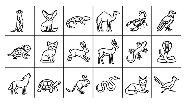 Collection of diverse animal line icons including meerkat, camel, scorpion, eagle, lizard, rabbit, goat, snake, turtle, fox, and bird arranged in a grid on a white background for design