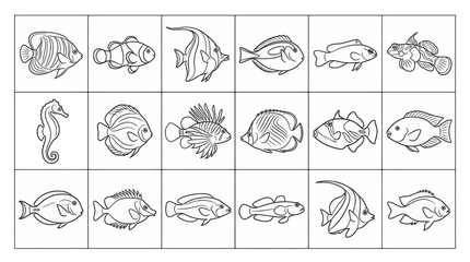 Obraz premium Collection of various tropical fish and seahorse line art illustrations in a grid layout for coloring book pages, set of simple outline drawings for kids and ocean life coloring activities