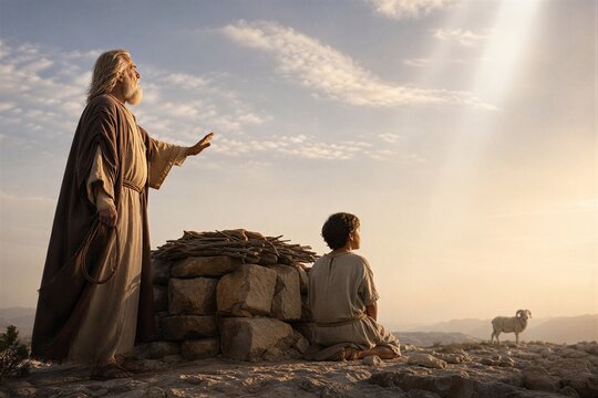 Abraham and his son Isaac at the altar. Biblical prophet reaching toward heaven with sky light during sacrifice story. Old Testament scene of faith, devotion and divine intervention.