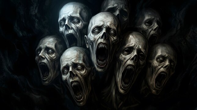 Group of terrifying screaming skulls with sharp teeth