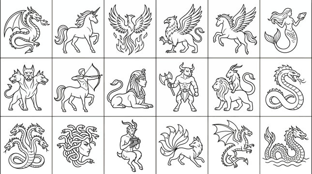 Collection of various mythological creatures and legendary monsters including dragon, unicorn, phoenix, griffin, mermaid, centaur, sphinx, manticore, hydra, medusa and kitsune in line art style