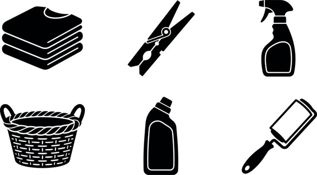 Laundry Service and Clothes Care Icon Set Featuring Folded Tshirts Clothespin Spray Bottle Wicker Basket Detergent Jug and Lint Roller Vector Glyphs