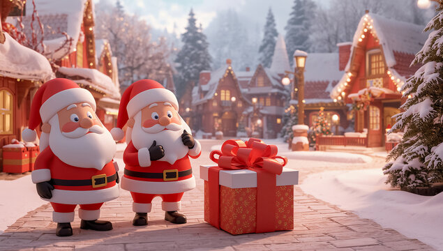 Funny cartoon Santa Clauses with a gift box in a village in winter