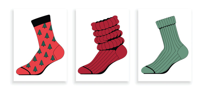 Christmas winter cozy socks vector collection isolated on white background.