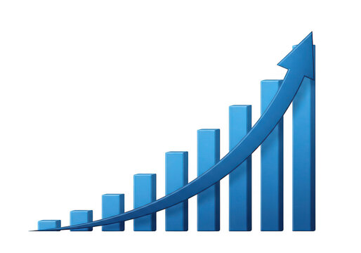 Ascending bar graph with curved arrow on transparent background growth