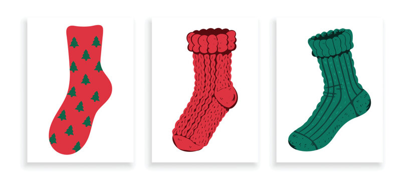 Christmas cozy socks vector element set isolated on white background.