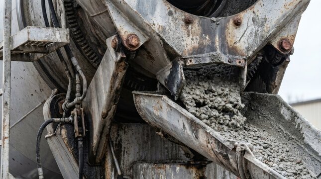Close-up of fresh concrete pouring from the discharge chute of a mixer truck on a construction site