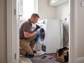 Obraz premium Male appliance technician fixing broken washing machine in laundry room, domestic repair service concept