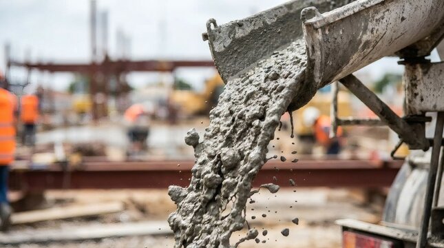 Wet concrete mix pouring from a cement mixer truck chute at an active construction site.
