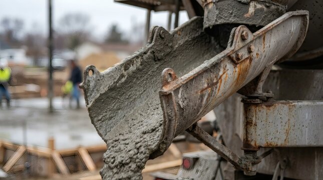 Wet concrete flowing from a cement mixer truck chute at an active construction site.