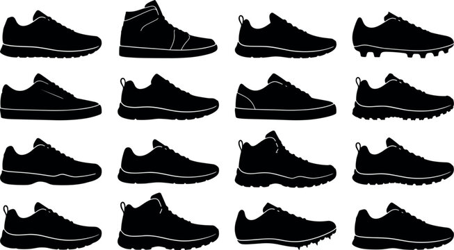 Athletic Shoes Silhouette Vector Set Featuring Running Sneakers, Cleats, Hiking Boots, and Sport Footwear Icons for Active Lifestyle Product Designs