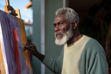 Obraz premium Side view senior man painting outdoors on canvas for natural light art background and pleinair workshop use