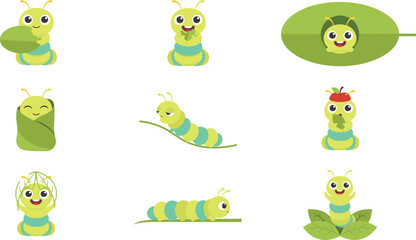 Fototapeta premium Cute Caterpillar Cartoon Character Vector Set with Various Poses and Expressions Showing Lifecycle Activities Like Hiding Eating and Sleeping for Kids Designs