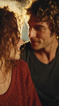 Loving partners sharing a tender moment, smiling with deep affection and sincere happiness, warm golden light illuminating their connection, symbolizing lasting emotional bonds