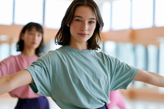 Female dancer closeup portrait in a contemporary studio for wellness poster and dance class background with natural light
