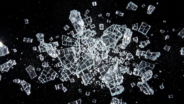 Broken Glass Fragments Suspended in Mid Air