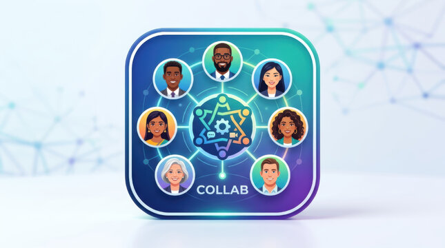 Diverse remote workforce collaboration digital platform icon featuring professional team portraits with central networking nodes.