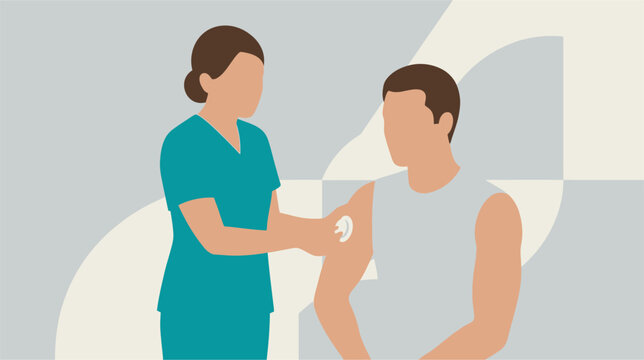 Vector illustration of a medical biosensor patch fitting on human skin for health monitoring. Technical diagram showing wearable device application for remote patient tracking.