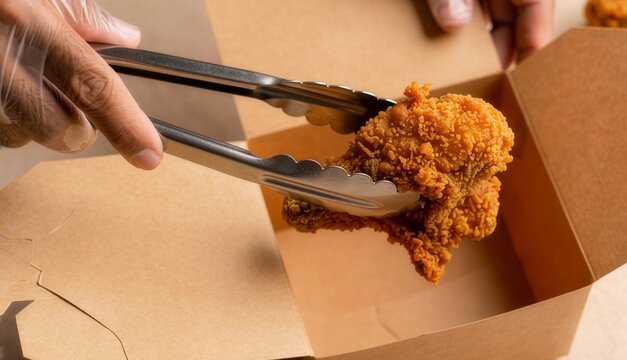 Top-down shot of a worker wearing plastic gloves using stainless steel tongs to place crispy golden fried chicken into a blank brown cardboard takeout box. Food delivery and packaging concept.