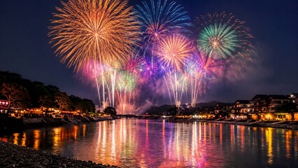 Fototapeta premium 夜空と水面を鮮やかに彩る夏の花火大会