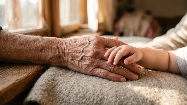 Close-up view of a wrinkled elderly hand being touched by a small child's hand representing generational connection and family support