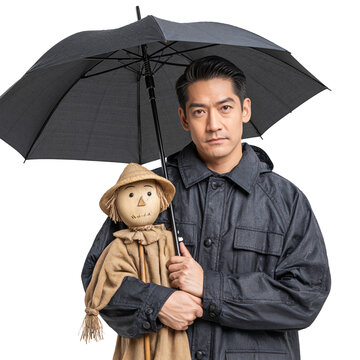 Serious Asian Man Holding Umbrella and Straw Scarecrow Doll isolated on transparent or white background, png