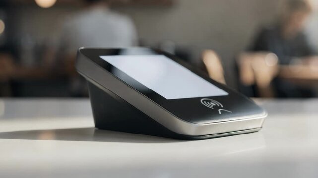 Medium shot of sleek minimalist contactless payment terminal on clean counter screen and contactless symbol clearly visible soft blurred background with subtle caf&eacute; ambiance.