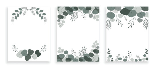 Minimalist botanical wedding invitation templates set with elegant eucalyptus leaves branches, sage green abstract foliage borders, and modern floral frames vector illustration. © zixu