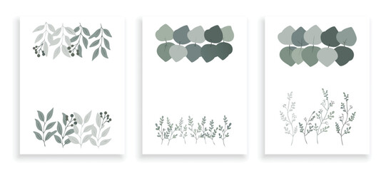 Minimalist botanical wall art prints set with abstract green leaves, elegant eucalyptus branches, and modern floral design elements isolated on white background vector illustration. © zixu