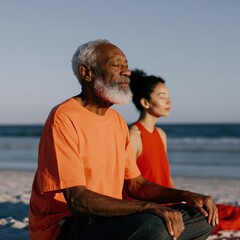 Fototapeta premium Older couple meditating on ocean beach at sunrise for mindfulness background and wellness banner design