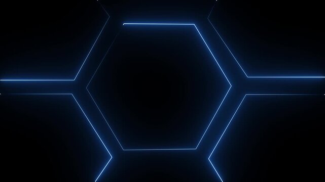 glowing blue neon light hexagon frame animated on black background. Seamless loop. 4K animation video ,, , ,