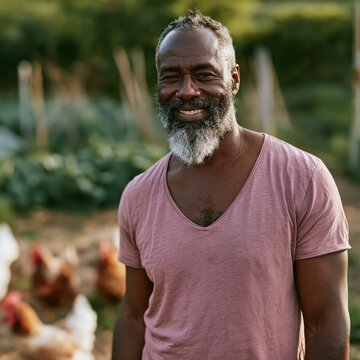 Bearded senior man smiling on an organic chicken farm for sustainable lifestyle portrait and rural agriculture background
