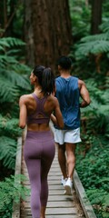 Fototapeta premium Couple jogging on a wooden boardwalk through a lush green forest trail for fitness wellness background and active lifestyle banner design