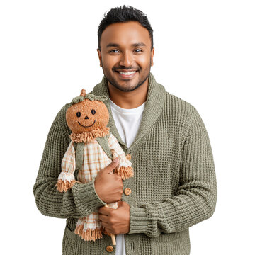 Happy Indian Man Holding Cute Pumpkin Toy isolated on transparent or white background, png