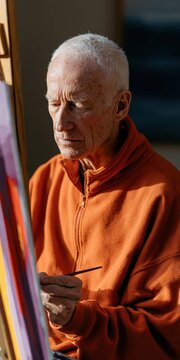 Elderly man concentrating while painting on canvas in a sunlit studio wearing orange zip jacket for creative portrait background and art hobby banner
