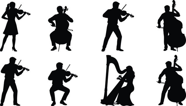 Black silhouette vector collection of classical musicians playing string instruments including violin cello harp and double bass on white background