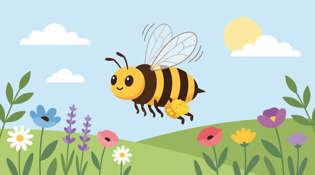 Cute cartoon bee flying over a colorful meadow with flowers and blue sky