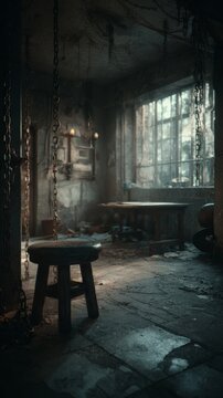 Dimly lit abandoned interrogation room with a stool, chains, and a barred window casting shadows