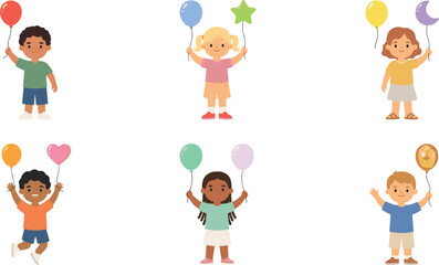 Naklejka premium Diverse Group of Happy Little Children Holding Colorful Balloons in Various Shapes for Birthday Party Flat Vector Illustration Set