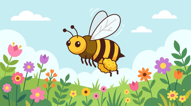 Cute cartoon bee flying over a colorful spring meadow with flowers and blue sky