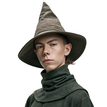 Young Freckled Man in Wizard Hat looking at Camera isolated on transparent or white background, png
