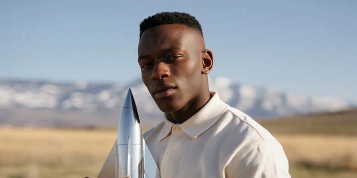 Close portrait of a young man leaning on a retro silver rocket against a wide open field and mountain background for poster banner wallpaper use