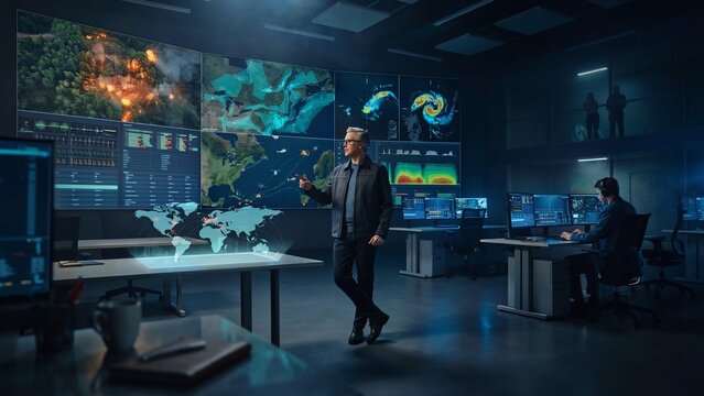 Modern emergency operations center using AI powered dashboards satellite monitoring and real time analytics supporting disaster management public safety critical infrastructure and crisis coordination