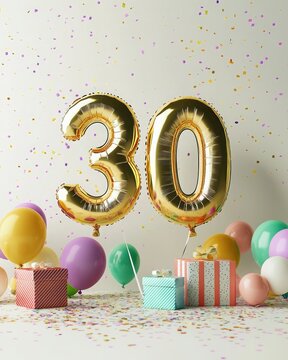 Festive 30th birthday celebration with balloons and gifts